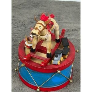 Vintage Wooden Rocking Horse Music Box Drumming Bear Train Toy Hecht Co Box